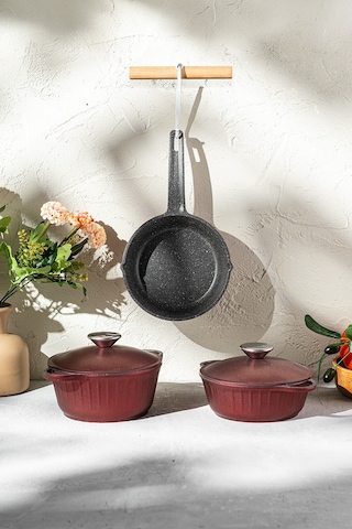 Emsan Stone Alüminyum Döküm Mini 5 Parça Tencere Seti Kırmızı