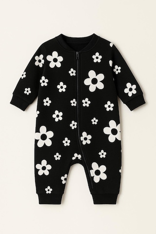 Unisex Bebek Papatya Desenli Pamuklu Siyah Tulum Siyah