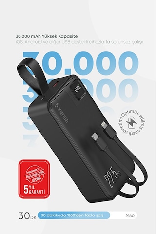 Taşınabilir 30.000 Mah Powerbank 22.5w Pd Hızlı Şarj, Led Gösterge, Android & Apple Uyumlu iOS Siyah