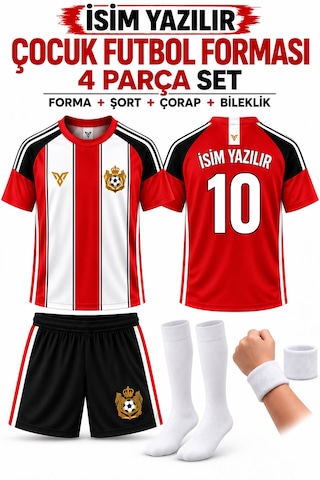 Yenteks İsim Yazılır Çocuk Futbol Forması Kırmızı Beyaz Özel Tasarım 4 Parça Forma+şort+çorap+bileklik Beyaz - Kırmızı