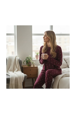 Feg Store %100 Pamuk Uzun Kollu Minik Kalp Detaylı Kadın Pijama Takımı Mavi