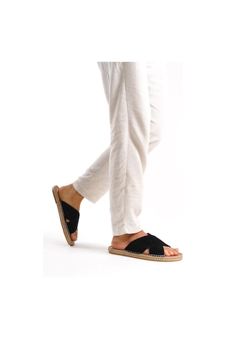 Mubiano Hakiki Deri Summer Erkek Süet Çapraz Bantlı Jüt Taban Siyah Espadril Terlik -mssr5959-s Siyah