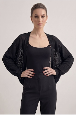 Neden Tekstil Premium Ajurlu İnce Triko Bolero Hırka - Siyah