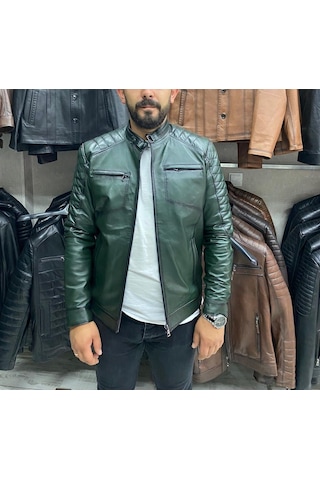 Nyc Giyim Tekstil & Deri Yeşil Karartmalı Hakiki Deri Spor Mont Ceket Slim Fit Yeşil