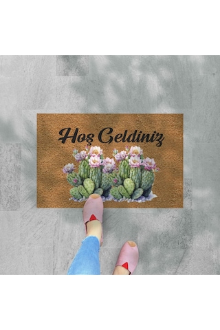 Renkli Kaktüsler Temalı Coco Görünümlü Dekoratif Kapı Önü Ve Iç Mekan Paspası Yıkanabilir Nem Alıcı Bej