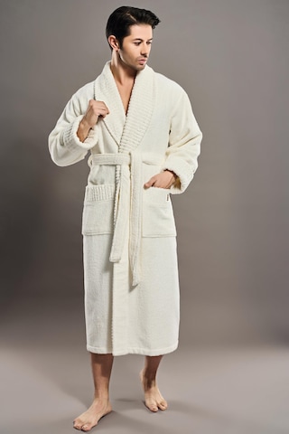 Yaka Fitilli %100 Organik Cotton Cotton Erkek Bornozu Krem