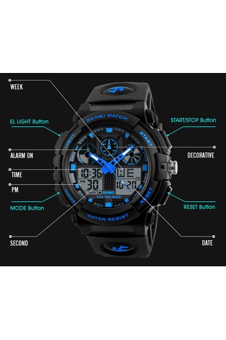 Yunboo Skmeı Erkek Spor Saati, 5atm Su Geçirmez, Çift Zaman, Kronometre, Alarm Ve Işık Özellikli, Koyu Kasa Mavi Işaretçi Çok Renkli