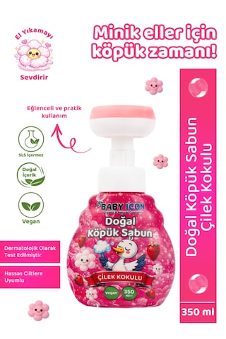 Baby Icon Doğal Çocuk Köpük El Sabunu 350 Ml Çilek Kokulu Lavanta Aynısefa Vegan Parabensiz Çiçek Şekilli Pembe Köpük