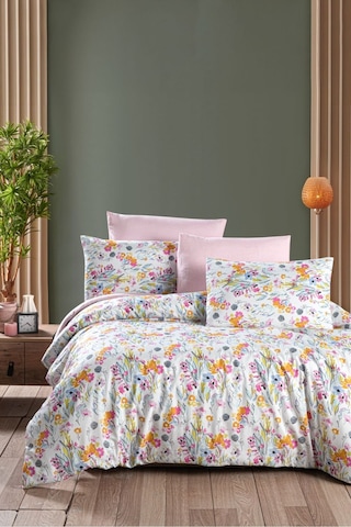 Mystory Home Lastikli Çarşaflı Çift Kişilik Nevresim Takımı Lily Pembe - Turuncu