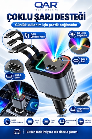 4 Ü 1 Arada Araç Şarj Aleti Type-c Ve Lightning Kablolu Hızlı Şarj Çakmaklık Adaptörü
