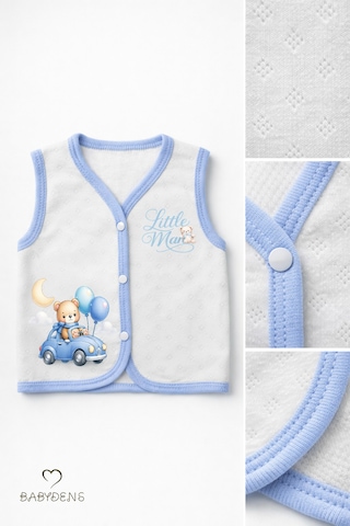Babyden's Erkek Bebek Yelek Pamuklu Çıtçıtlı Elmas Jakarlı Ayıcık Baskılı Yenidoğan Bebek Yeleği Mevsimlik Ekru