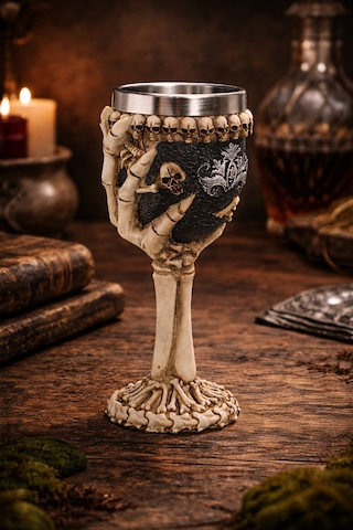 İskelet Eli Figürlü 3d Kabartmalı Çelik Kadeh Bardak Gotik Dekoratif Kupa Gri - Mint