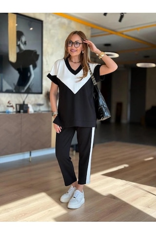 Ahes Shopping Kadın Kısa Kollu V Yaka Siyah Beyaz Renkli Viskon Iki Iplik Kumaş Eşofman Takımı Siyah