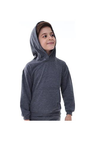 Zuzunga Basic Kapüşonlu Şardonlu Kanguru Cep Detaylı Çocuk Sweatshirt 3-10 Yaş Füme