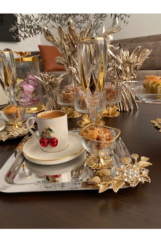 Atabey Home Collection 6'lı Kahve & Çay & Sunum Tepsisi Çelik Gümüş Tepsi Lüx Taşli Model