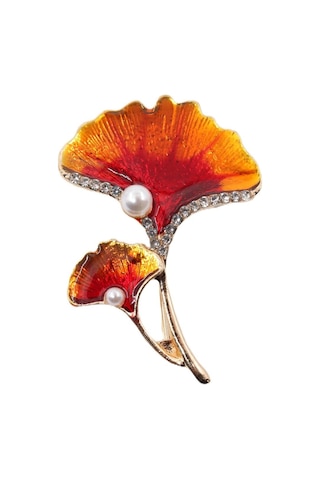 Ginkgo Yaprağı İncili Taşlı Broş. Yaka İğnesi Broş. Kadın Broş. Çiçek Broş. Ginkgo Broş. Gold Broş. Altın - Kırmızı