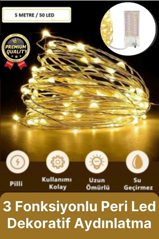 Dekoratif Aydınlatma Yeni Yıl Yılbaşı Pilli 3 Fonksiyonlu Günışığı Sarı Renk Peri Led Işık 5 Metre