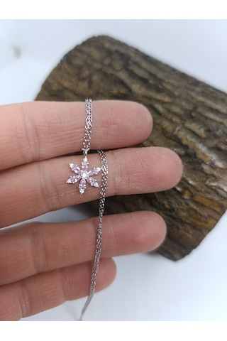 925 Ayar Gümüş Kolye Hediye Kutulu Pembe Taşlı Lotus Çiçeği Modeli -1016 Pembe