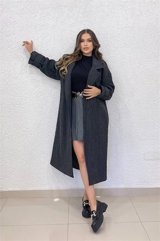 Dip Moda Kadın Siyah Çizgili Oversize Kaşe Kaban Dpnbshnz08 Siyah