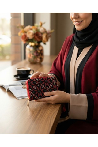Zaytoon Filistin Geleneksel Renkli Kırmızı Nakışlı Tek Fermuarlı Kadın Büyük Cüzdeni 14x9 Cm A100030 Kırmızı