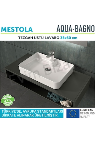 Mestola Tezgah Üstü Kare Çanak Lavabo Batarya Delikli 50 X 35 Cm Beyaz