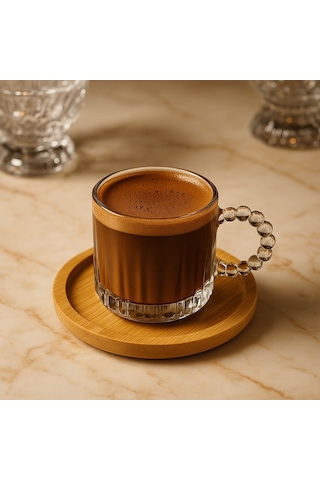 6 Kişilik 12 Parça Cam Bambu Tabaklı Kahve Fincan Takımı Seti 130ml Şeffaf