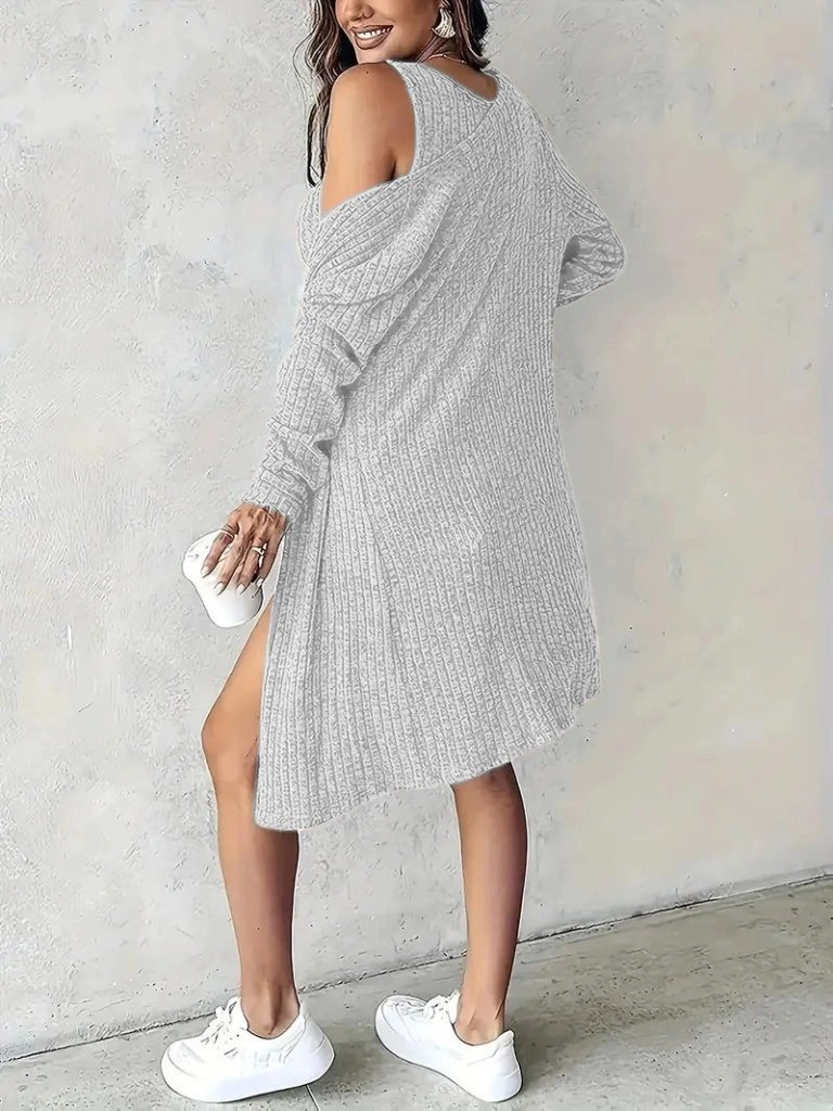 Tua Moda Kadın Askılı Yuvarlak Yakalı Önü Düğmeli Şardonlu Kaşkorse Mini Elbise Ve Kısa Ceket Gri