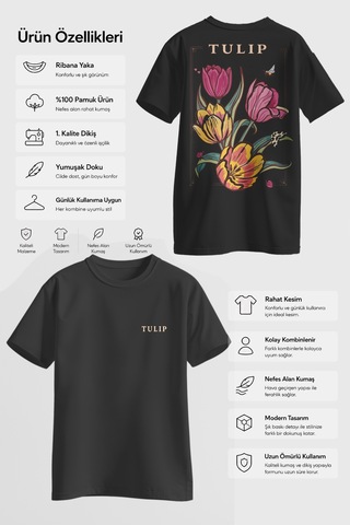 Spoyi Tulip Tasarımlı %100 Pamuk Yarım Oversize Siyah T-shirt