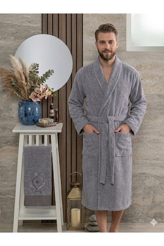 Premium 2'li Aile Bornoz Seti Çeyizlik Pamuklu Hediyelik Banyo Takımı L/xl Antrasit