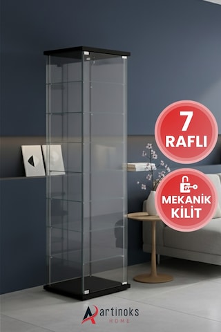 7 Raflı Kilitli Cam Vitrin Dolap Gümüşlük Koleksiyon Sergi Kitaplık Kapaklı Büfe Mutfak Raflı Detolf Siyah