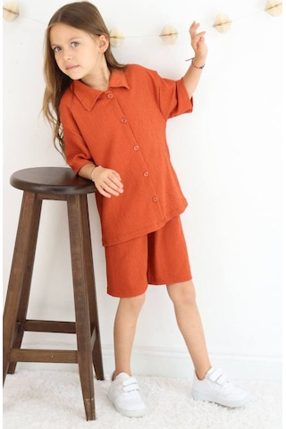 Gömlek Oversize Kız Şort Takım Kremit