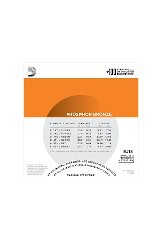 D'Addario EJ15 Phosphor Bronze, Extra Light Takım Tel Akustik Gitar Teli 010-047