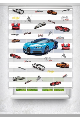 Mavi Bugatti Ve Spor Arabalar Baskılı Çocuk Odası Perdesi - Dijital Baskılı Zebra Stor Perde Çok Renkli
