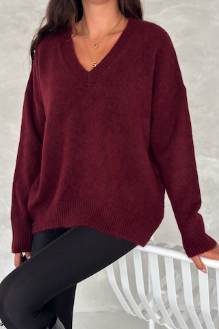 Femelle Kadın Bordo V Yaka Standart Beden Oversize Basic Triko Kazak