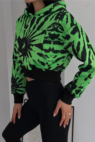 Femelle Yeşil Kapüşonlu Kanguru Cepli Renkli 3 İplik Şardonlu Crop Sweatshirt