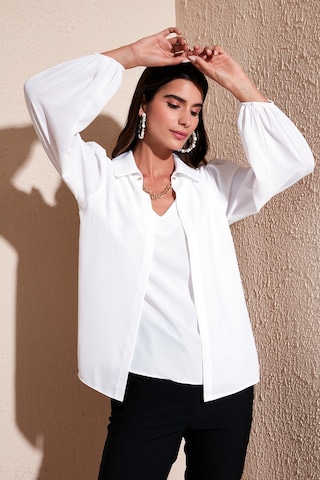 Lela Regular Fit V Yaka Balon Kol Bayan Bluz 611Bz0353 Ekru