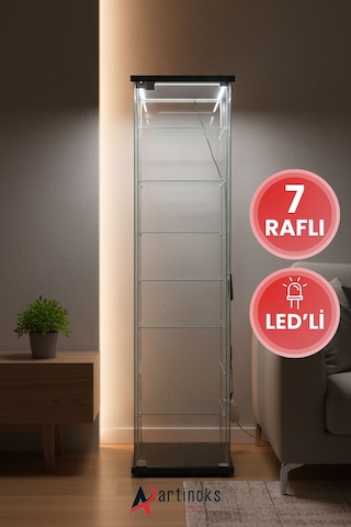 7 Raflı Ledli Cam Vitrin Dolap Gümüşlük Koleksiyon Sergi Kitaplık Kapaklı Büfe Mutfak Raflı Detolf Siyah