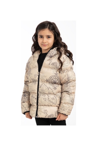 Freemen Kız Çocuk Bej Pusula Desen Polar Su Ve Rüzgar Geçirmez Kapüşonlu Şişme Kışlık Mont Bej