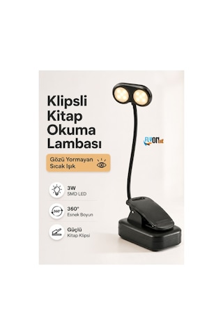 Gözü Yormayan Klipsli Kitap Okuma Işığı 3w Smd Led Mandallı Pilli Lamba 360 Esnek Boyun Sarı Ve Beyaz Işık Siyah