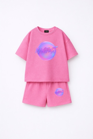 Fasardi Manifest Girls Logo Baskılı Oversize %100 Pamuk Tişört Şort 2li Çocuk Takım Pembe