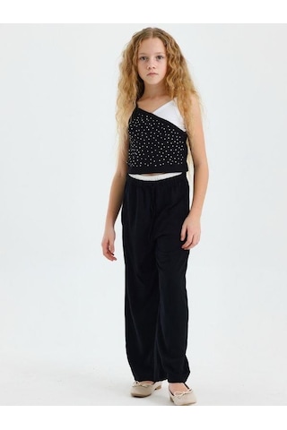 Kız Çocuk Taşlı Askılı Crop Bluz-15567 Siyah