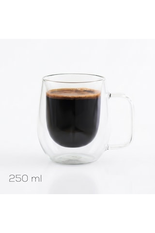 Porsima Pbt-323 Çift Cidarlı Cam Kupa Çay Kahve Kupası Isı Yalıtımlı Kulplu Cam Bardak 250 Ml Cam - Şeffaf
