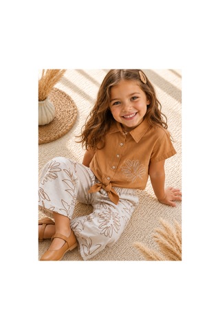 Uğur Bebe Kız Çocuk Camel Renk %95 Pamuk Bağlamalı Dokuma Gömlek Ekru Renk Geniş Paça Dokuma Pantolon Özel Gün Bayramlık Takım Camel Camel