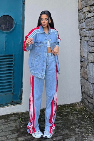 Kadın Kot Garnili Yanı Kırmızı Şeritli Palazzo Alt Üst Takım Çok Renkli