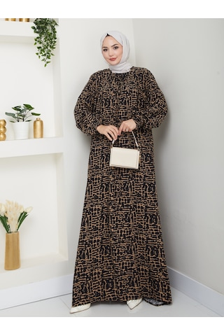Önü Büzgülü Viskon Elbise - Siyah/taba / E0130 Siyah/taba
