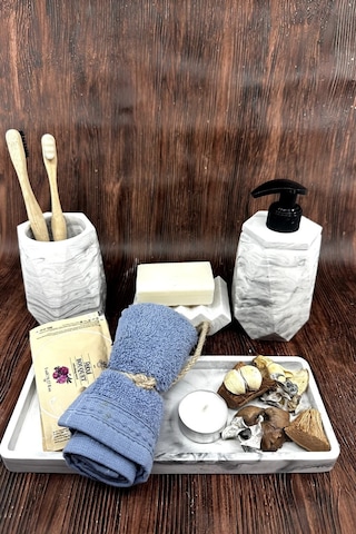 Betonmall 4 Parça Mermer Desenli Beton Banyo Seti Katı Sıvı Sabunluk Diş Fırçalık Tepsi - Gri Gri