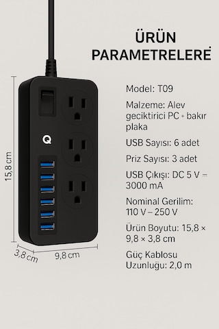 Uzatma Kablosu 6 Usb 3 Priz Girişli Aşırı Gerilim Koruyuculu T09