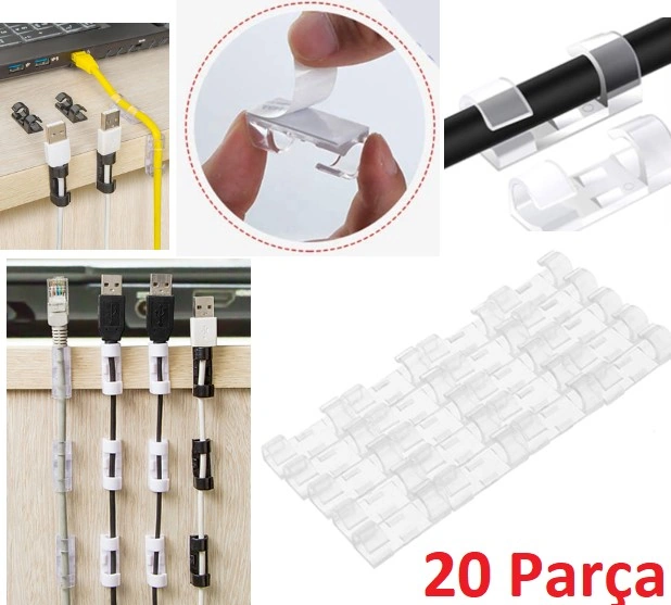 20& Apos Li Yapışkanlı Kablo Sabitleyici Şeffaf Klips 4741