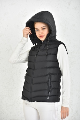 Wapp Unisex Çıkarılabilen Fermuarlı Kapüşonlu Günlük Şişme Yelek Siyah