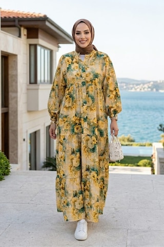 Hb Harma Time Butik Kadın Düğmeli Çiçek Desenli Sarı Modal Elbise Hardal